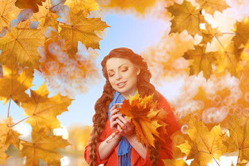 Autumn model, bright make up. woman on background fall landscape