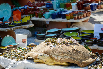 Sculpture of turtle at souvenir shop on Crete island