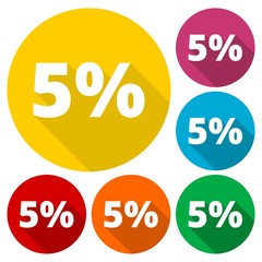 Discount five (5) percent circular icons set with long shadow