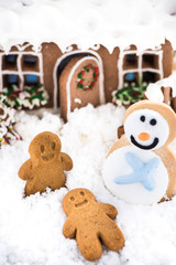 Funny gingerbread kids play on snow