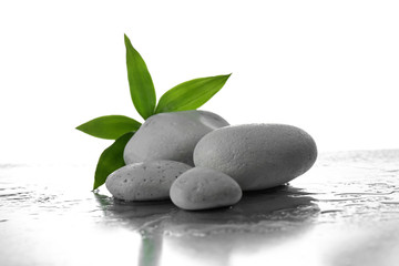 Stack of stones and a green flower on white wet background. Spa relaxation concept