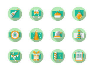 Happy New Year flat round vector icons 