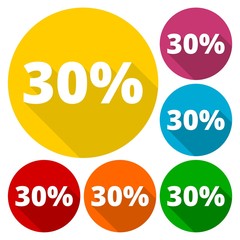 Discount thirty (30) percent circular icons set with long shadow
