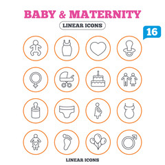 Baby and Maternity line icon. Pacifier, diapers.