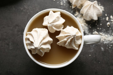 Cup of coffee with kisses closeup, top view