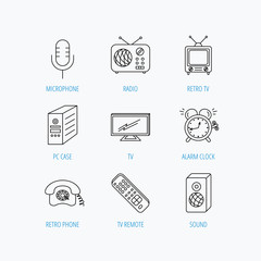 TV remote, retro phone and radio icons.