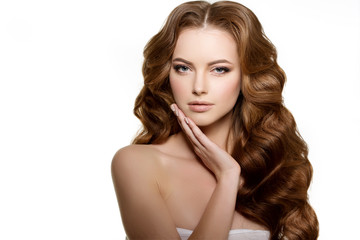 Fototapeta premium Long hair. Waves Curls Hairstyle. Hair Salon. Updo. Fashion mode