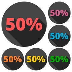 Discount fifty (50) percent circular icons set with long shadow