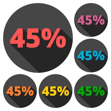 Discount forty five (45) percent circular icons set with long shadow