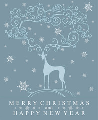 Greeting card. Stylish symbol of deer on winter background. Happy Holidays. 