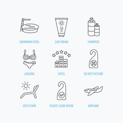 Hotel, swimming pool and beach deck chair icons.