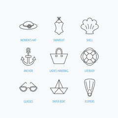 Paper boat, shell and swimsuit icons.