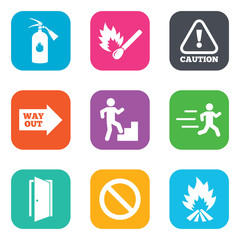 Fire safety, emergency icons. Extinguisher sign.