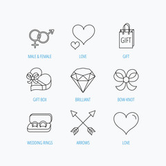 Love heart, gift box and wedding rings icons.