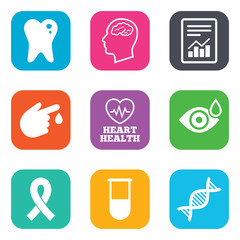 Medicine, medical health and diagnosis icons.