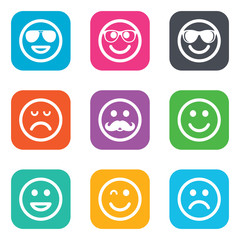 Smile icons. Sunglasses, mustache and laughing.