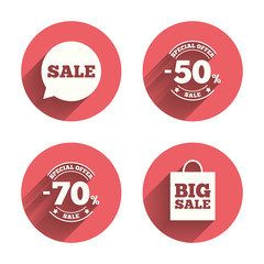Sale speech bubble icon. Big sale shopping bag.