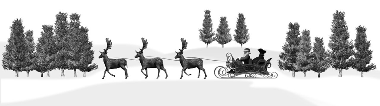 Christmas panorama - Santa Claus, sleigh, rendeers, trees - black  white 