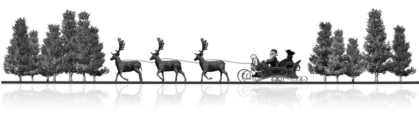 Christmas panorama - Santa Claus, sleigh, rendeers, trees - black  white - with reflection