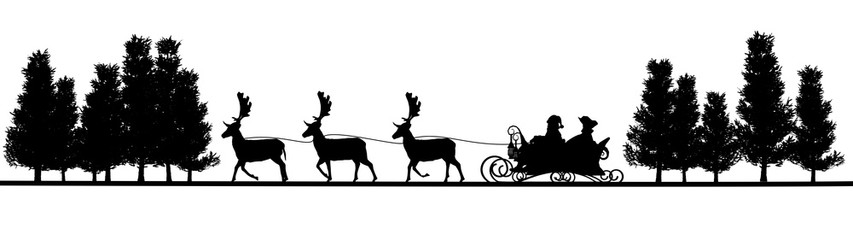 Christmas panorama - Santa Claus, sleigh, rendeers, trees  - silhouette