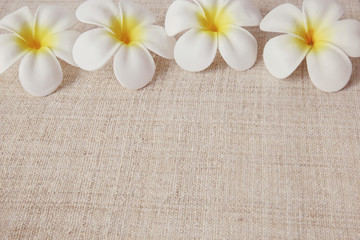 Fototapeta na wymiar Artificial flowers on linen, copy space background, selective focus, vintage tone