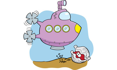 Cartoon illustration of a submarine and clam.