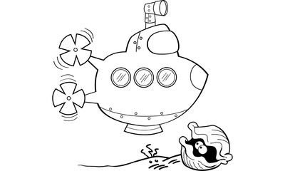 Black and white illustration of a submarine and clam.
