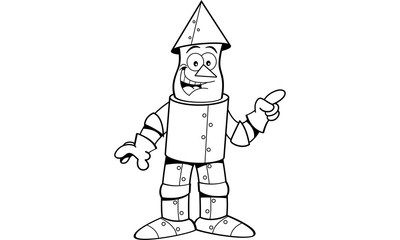 Black and white illustration of a tin man pointing.
