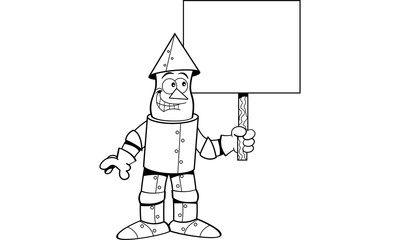Black and white illustration of a tin man holding a sign.