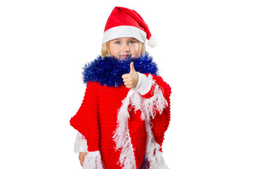  little girl in a hat Santa Claus on white background.