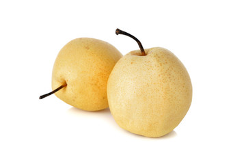 Chinese pear or Nashi pear with stem on white background
