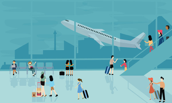 people at airport vector travel activities illustration  departure arrival  flight plane busy