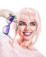 Girl with sunglasses and makeup in style pop art.
