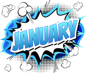 January - Comic book style word on comic book abstract background.