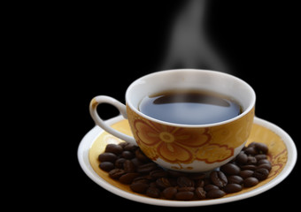 hot coffee isolated on black.