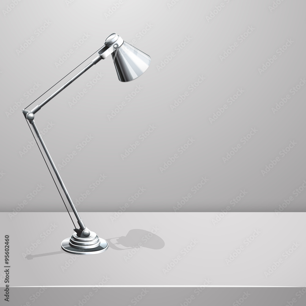Poster desk lamp on table. white empty vector background