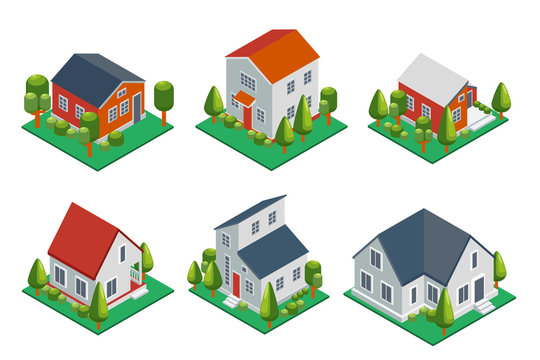 Isometric 3d private house, rural buildings and cottages icons set