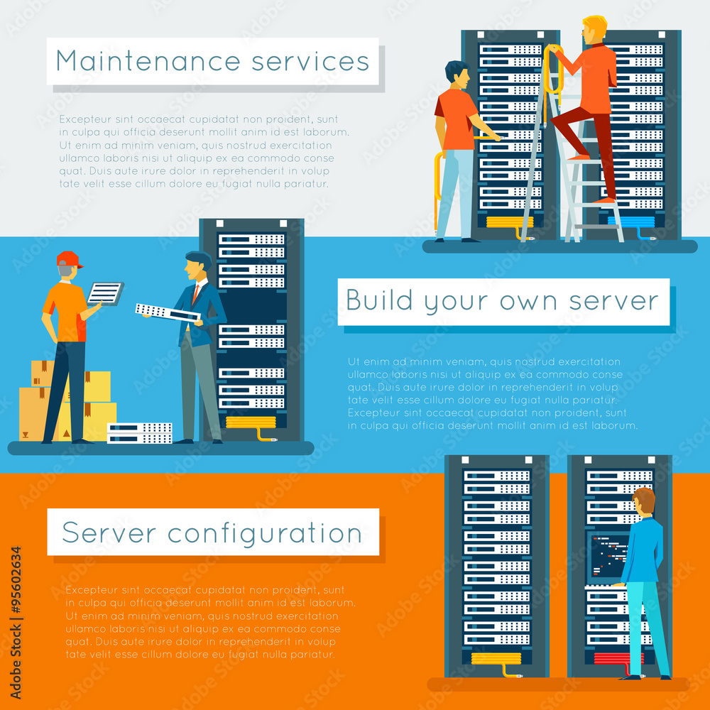 Poster data center and hosting vector banners set