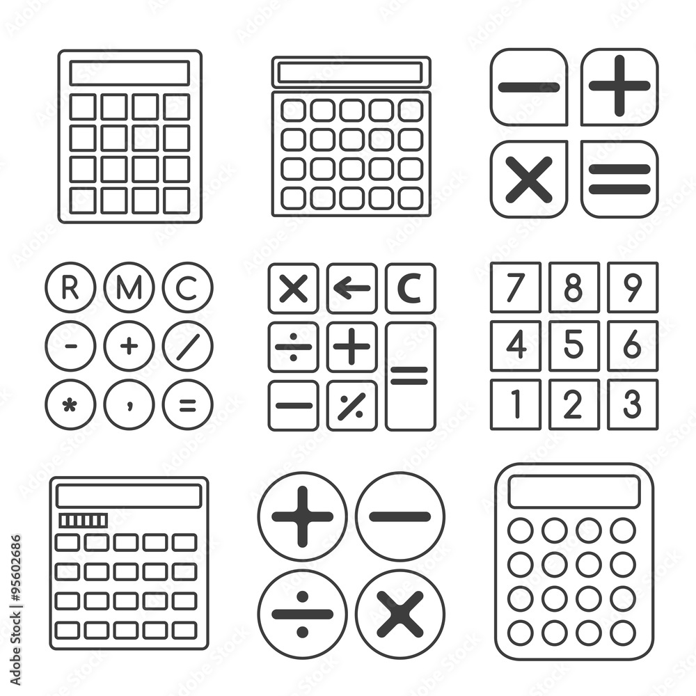 Poster calculator vector linear or outline icons set