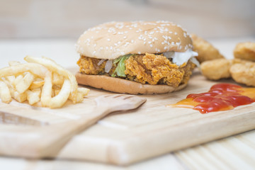 .Big hamburger, chicken nuggets and French fries
