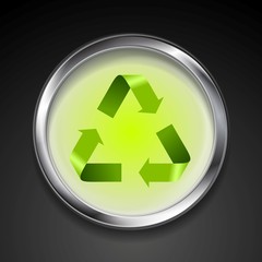 Metal button with green recycle logo sign