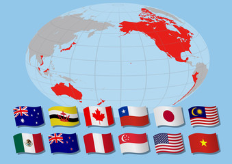 TPP(Trans pacific partnership) and Negotiating countrie's flags, vector illustration