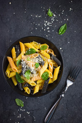 colorful penne pasta  with parmesan cheese and basil - obrazy, fototapety, plakaty