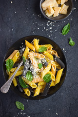 colorful penne pasta  with parmesan cheese and basil