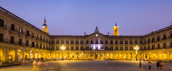 Fototapeta na wymiar Evening view of Berria Square and city hall. Vitoria-Gasteiz