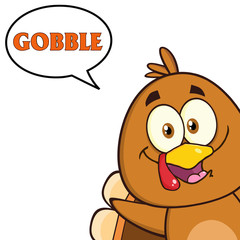 Smiling Turkey Bird Character Looking From A Corner With Speech Bubble And Text
