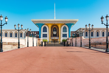Al Alam Palace in Muscat, Oman. It was built in 1972. Al Alam means The Flag in Arabic.