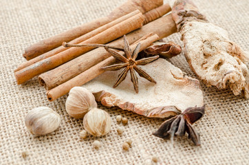 Anise, cardamom, nutmeg and cinnamon sticks.