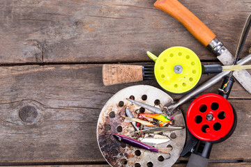 closeup ice fishing tackles and equipment