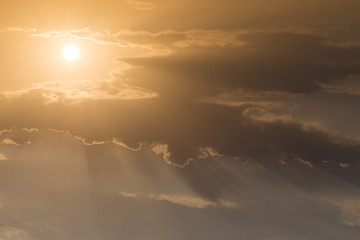 beautiful sky, sunrise above sky and clouds, light rays
